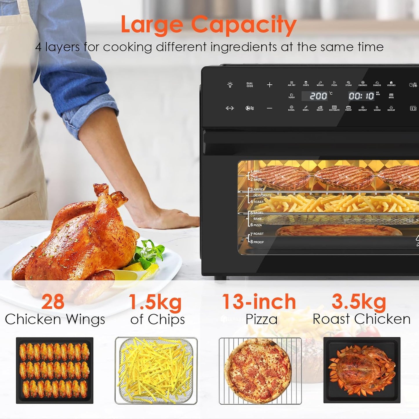 Air Fryer Oven 30L 1800W 20 Programs Rotisserie Black
