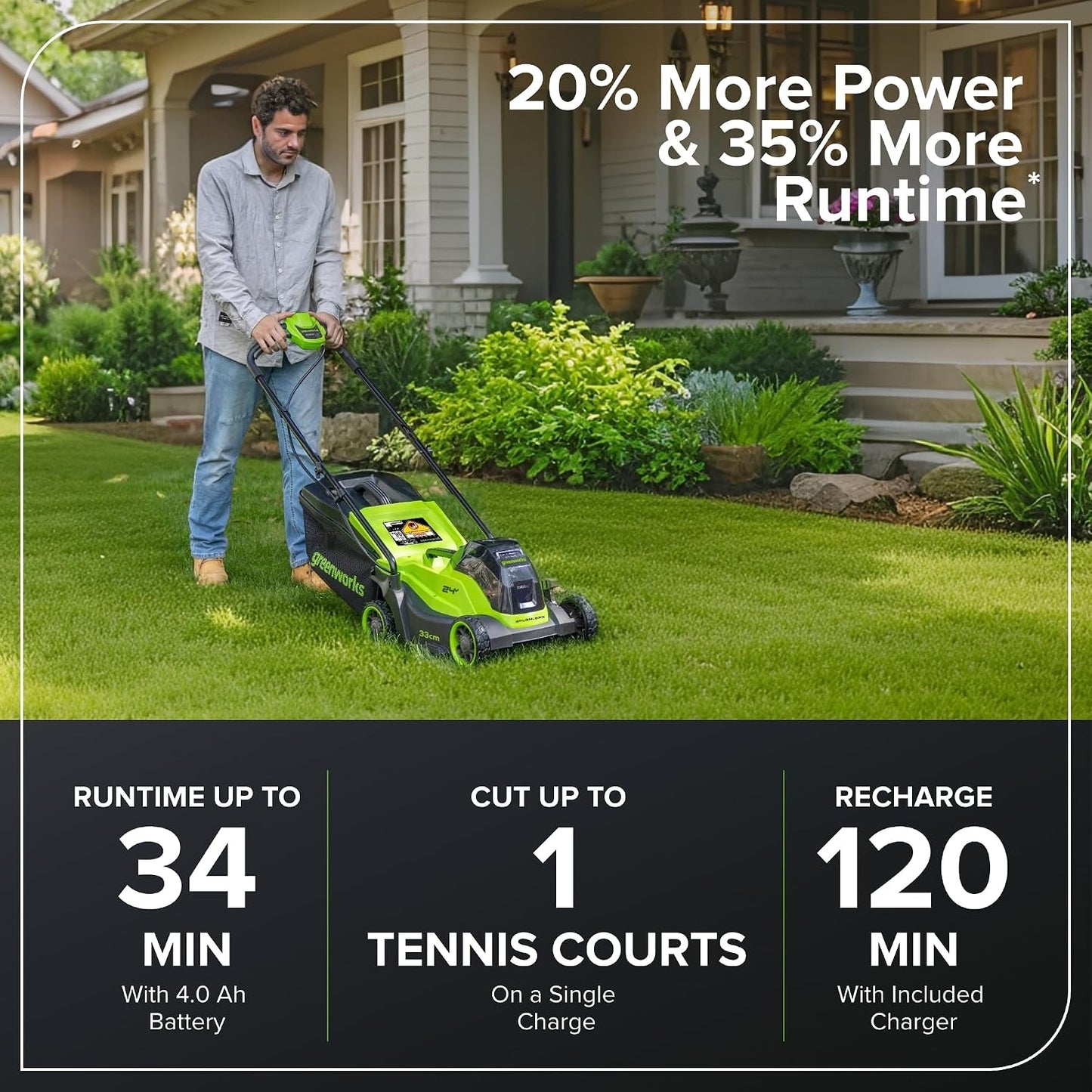 Cordless Lawn Mower 33cm 24V Brushless Motor 30L Bag 4Ah Battery