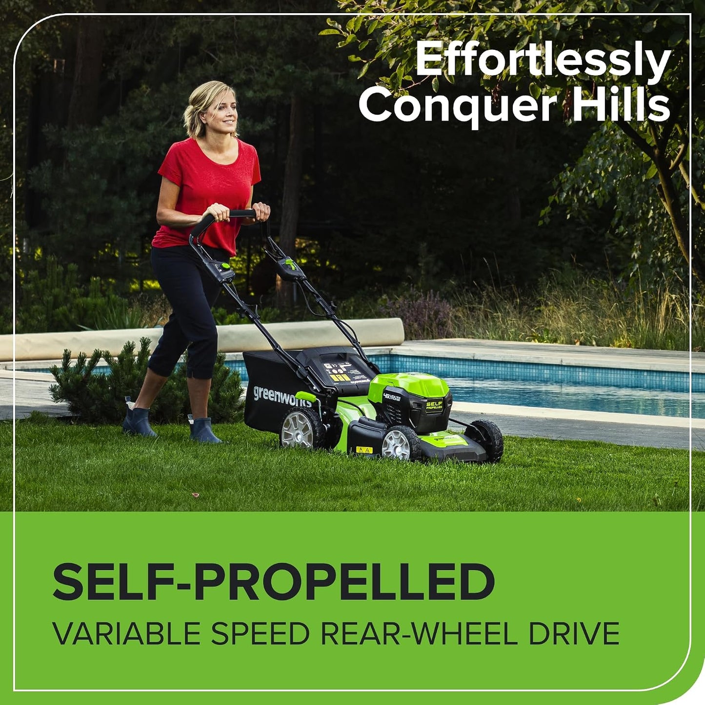Cordless Lawn Mower 46cm 48V Self-Propelled 55L Bag 2x4Ah Batteries