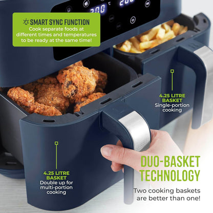 Vortx 8.5L Dual Basket Air Fryer With Dual Cook Function 2400W Midnight Blue Chrome