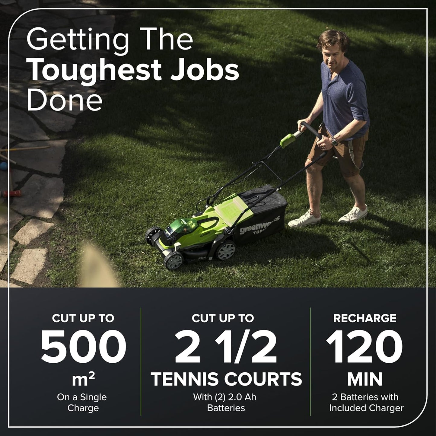 Cordless Lawn Mower 35cm 40L Bag 2x40V 2Ah Batteries Green