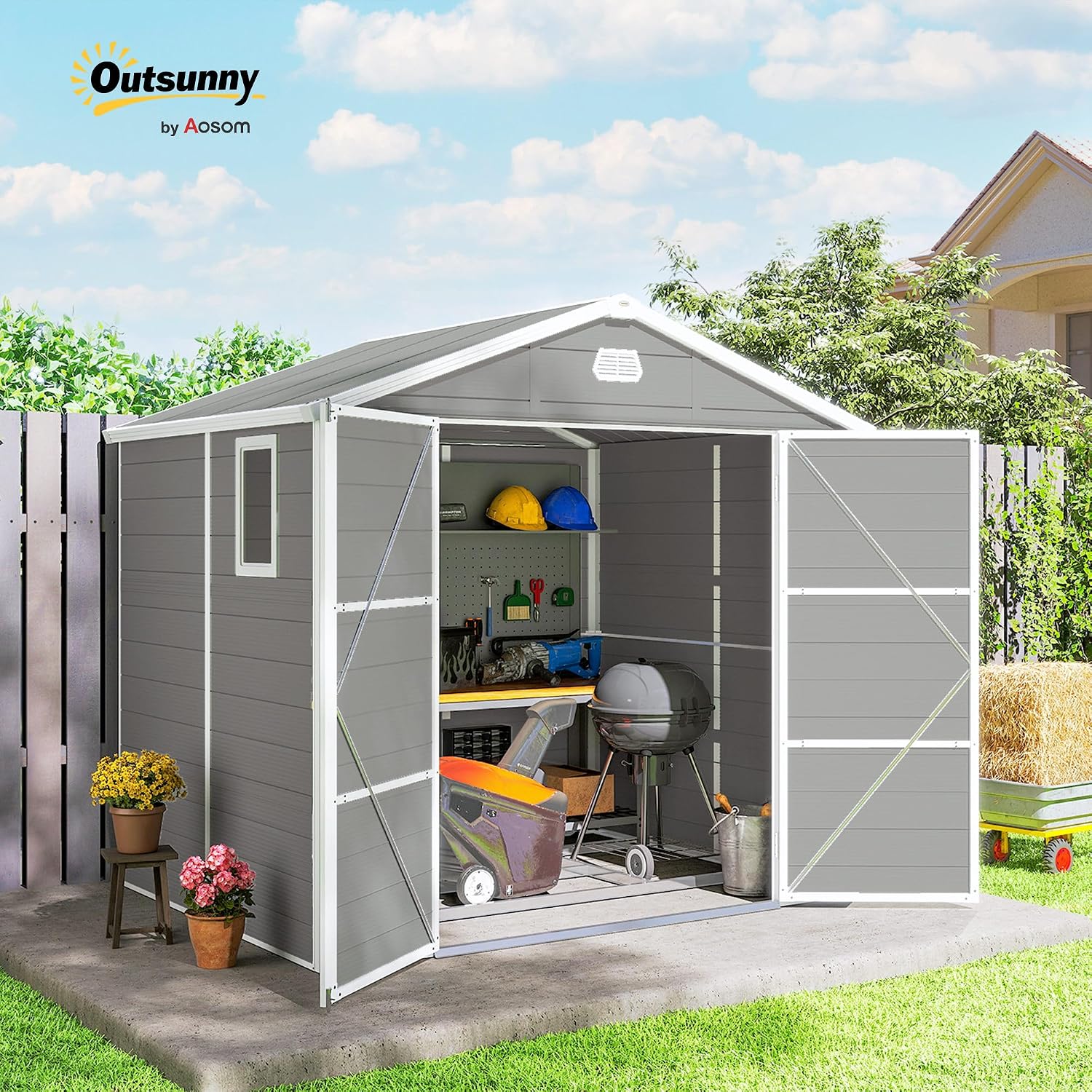 Plastic Garden Storage Shed 8 X 6 Ft Light Grey Aluminium Frame Lockable Door
