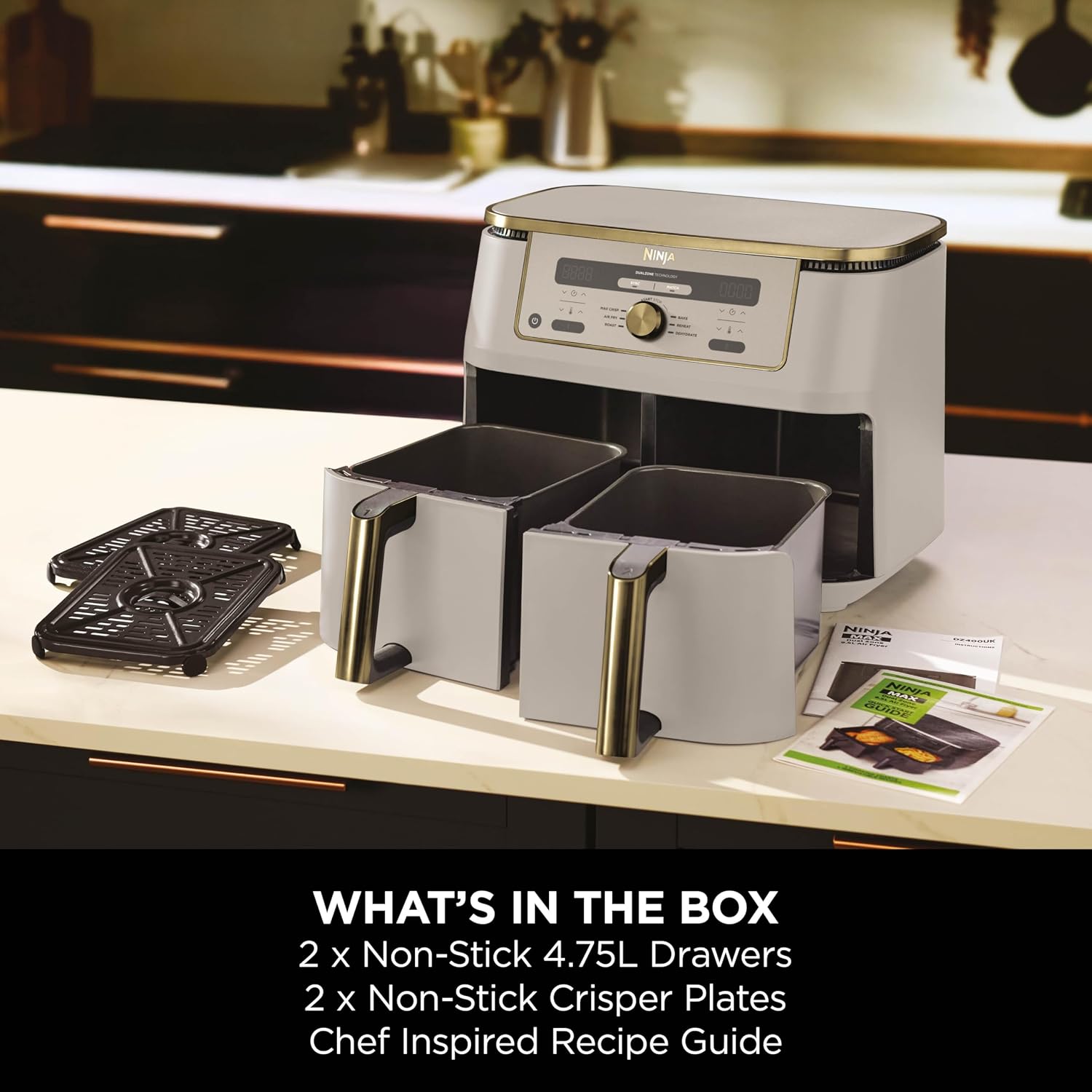 Dual Zone Digital Air Fryer 9.5L 6-in-1 Stone Gold