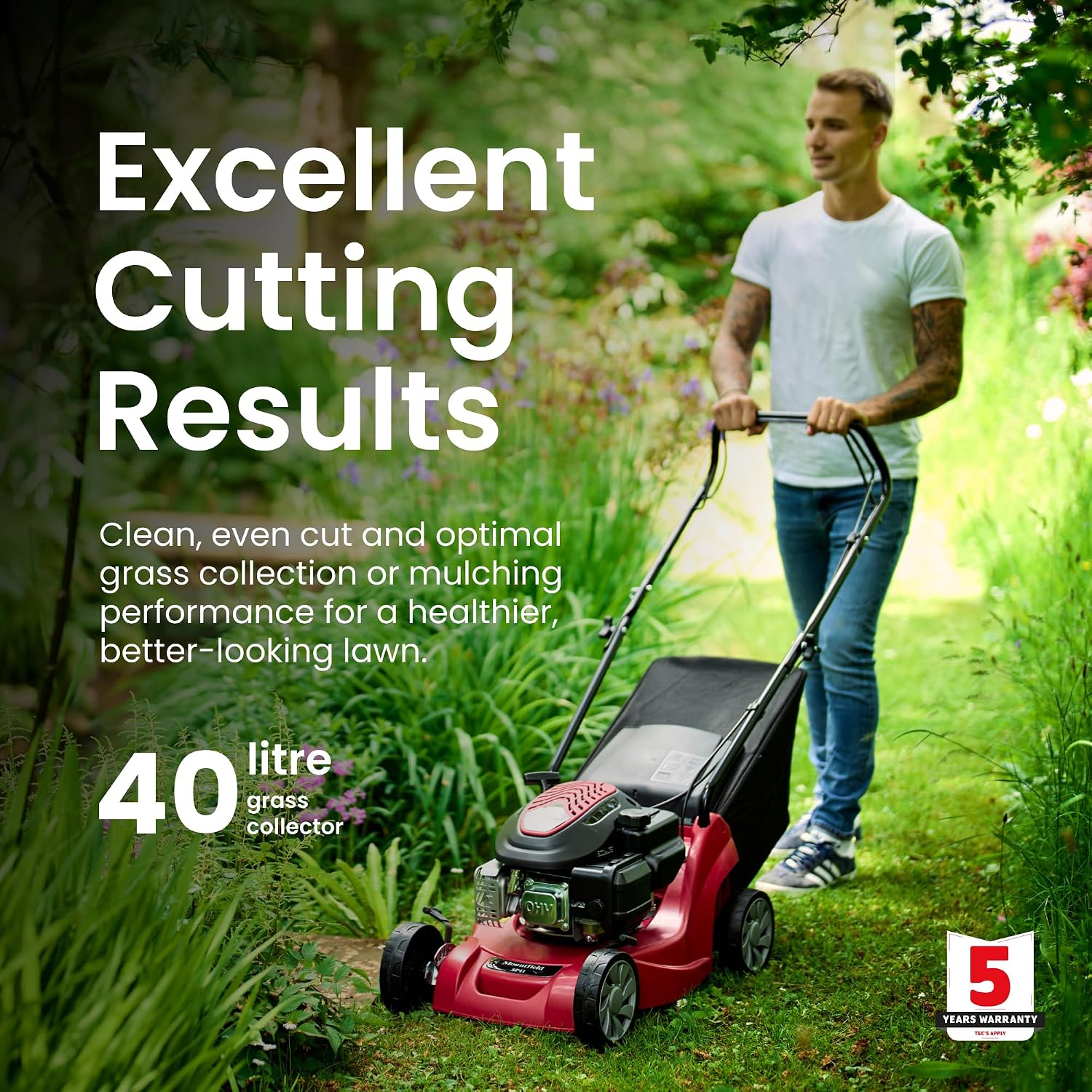 Self-Propelled Petrol Lawnmower 39cm 123cc 40L Grass Collector Red