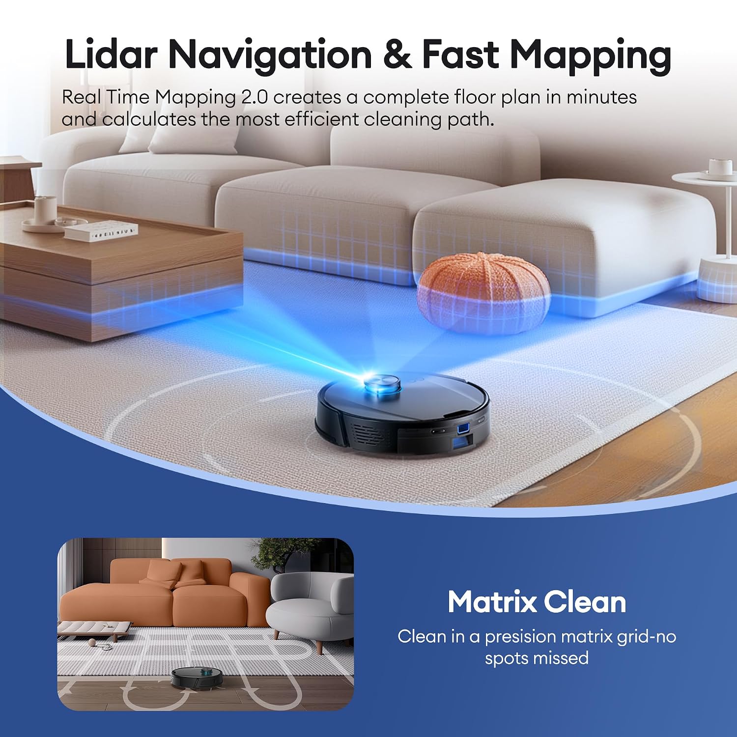 Robot Vacuum Cleaner 8000Pa LiDAR Navigation 200Mins Runtime Black