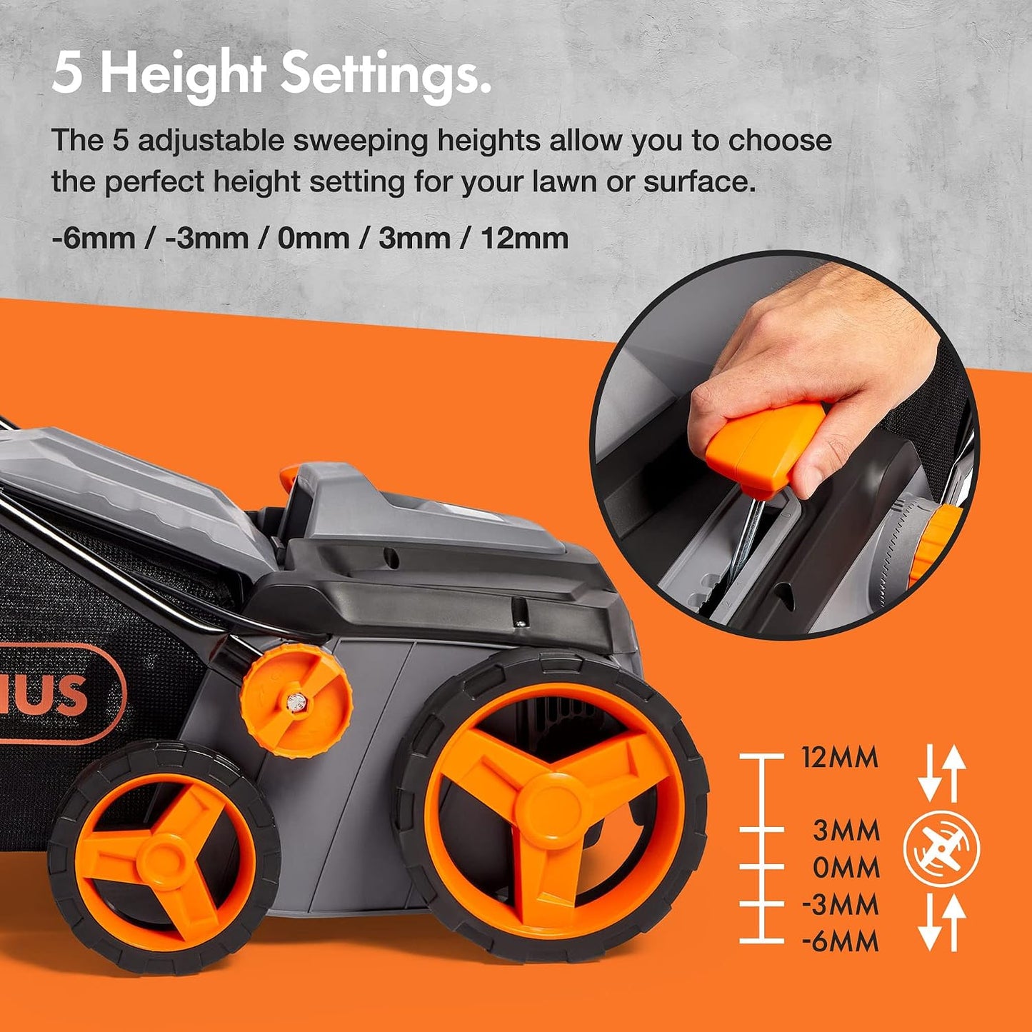 Corded Electric Artificial Grass Sweeper 1800W 45L Bag 380mm 5 Heights Grey Black Orange