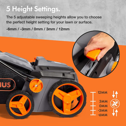 Corded Electric Artificial Grass Sweeper 1800W 45L Bag 380mm 5 Heights Grey Black Orange