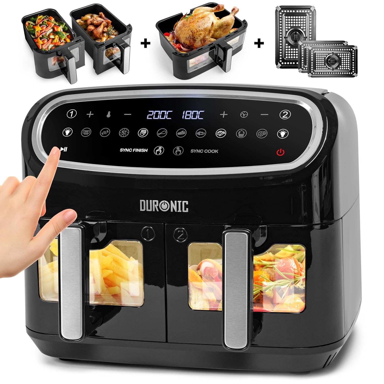 Digital Dual Zone Air Fryer 10L 2400W 10 Presets Black/Silver