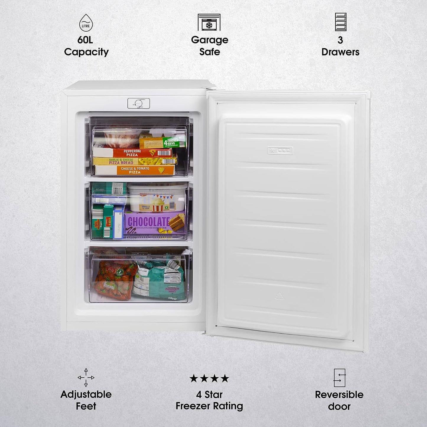 Under Counter Freezer 48cm 60L Freestanding White Reversible Door