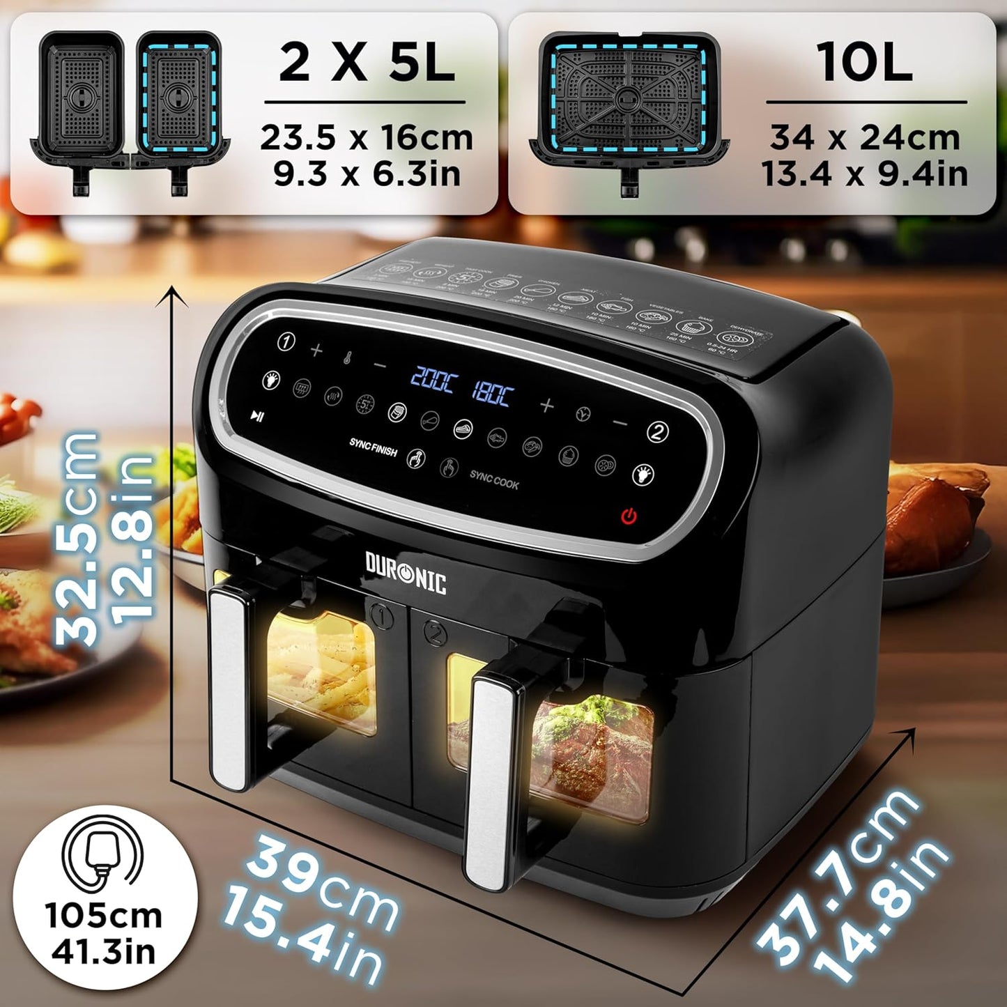 Digital Dual Zone Air Fryer 10L 2400W 10 Presets Black/Silver