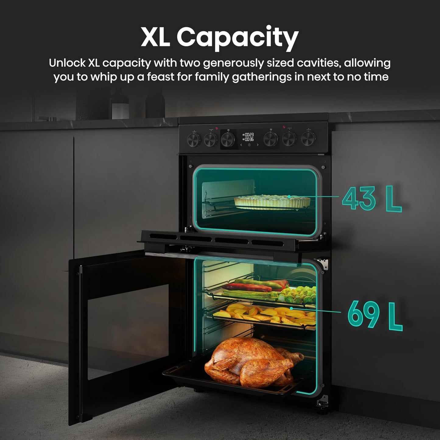 Electric Cooker 69L/43L Double Oven Air Fry Mode Ceramic Hob Black