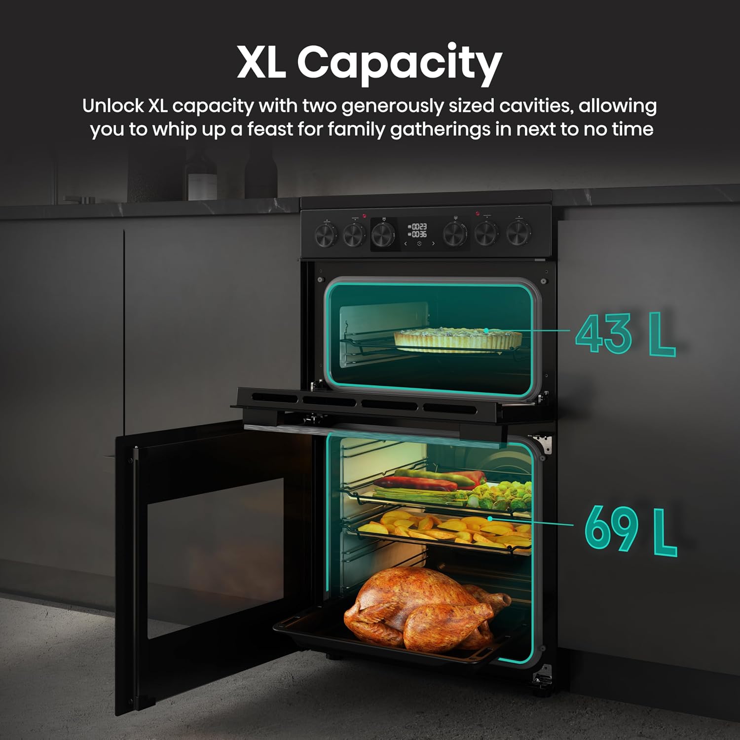 Electric Cooker 69L/43L Double Oven Air Fry Mode Ceramic Hob Black