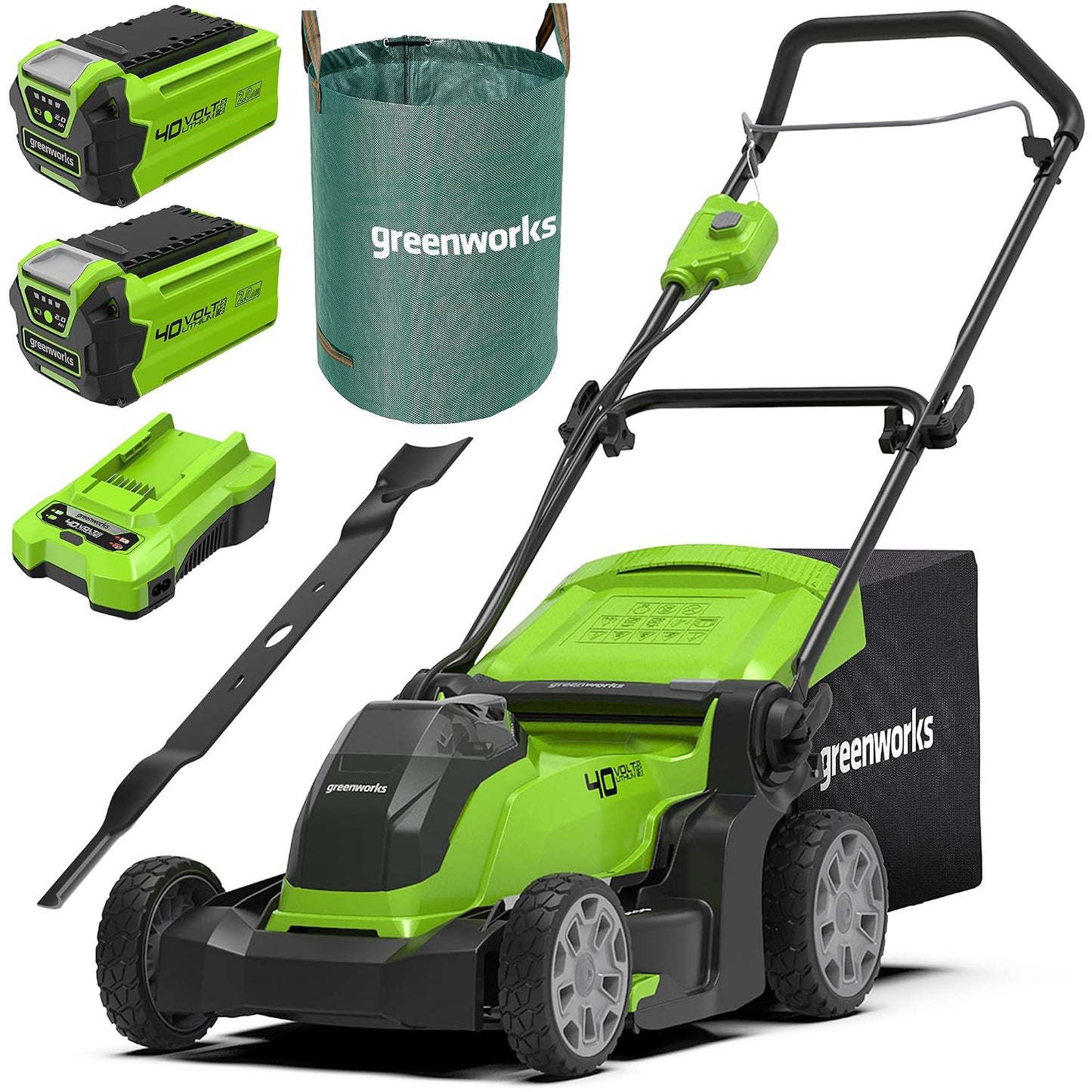 Cordless Lawnmower 41cm Cutting Width 50L Bag 2x 40V 2Ah Batteries