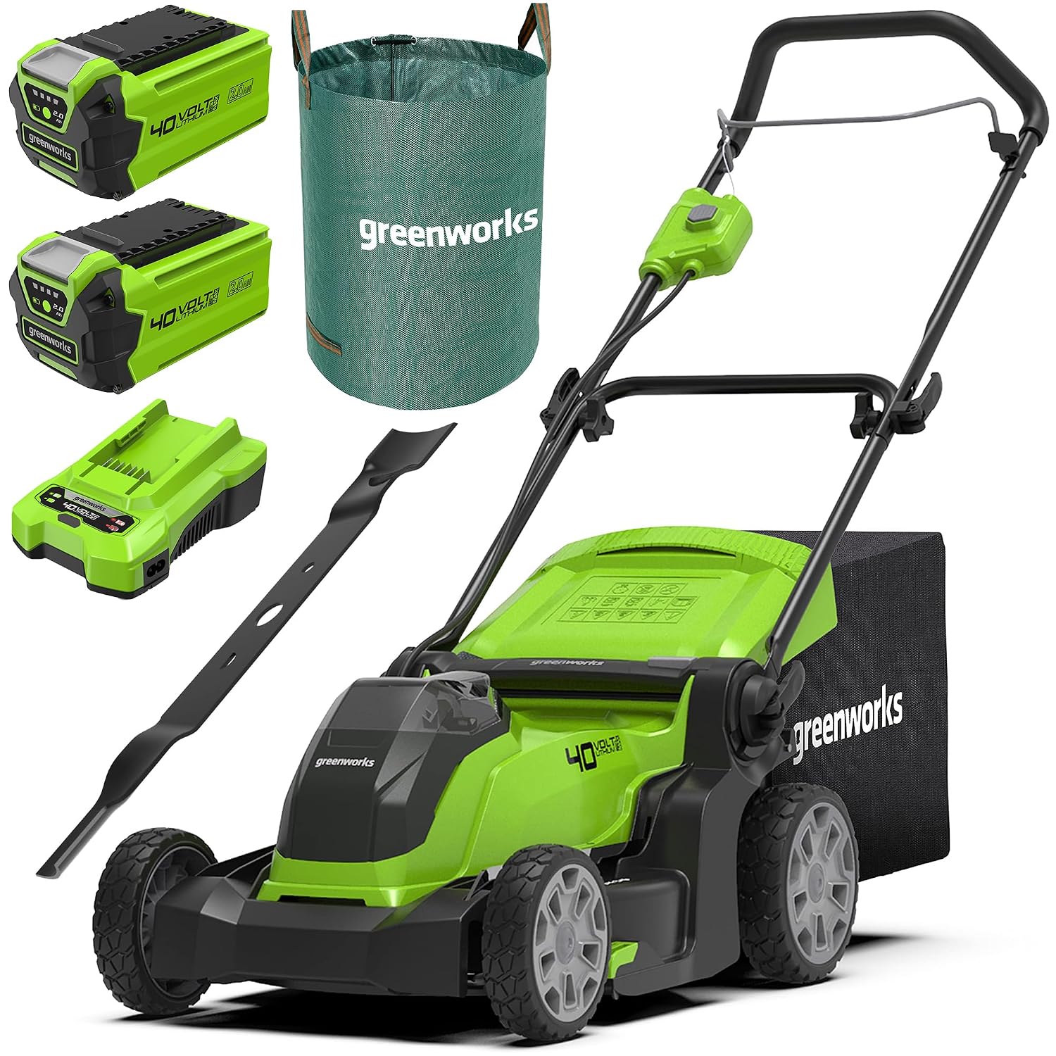 Cordless Lawnmower 41cm Cutting Width 50L Bag 2x 40V 2Ah Batteries
