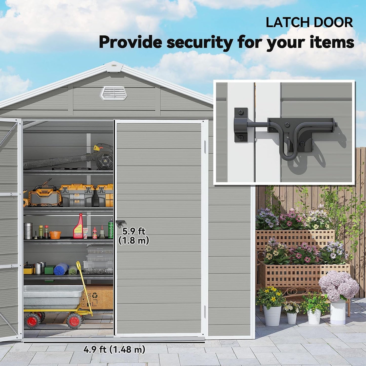 Plastic Garden Storage Shed 8 X 6 Ft Light Grey Aluminium Frame Lockable Door