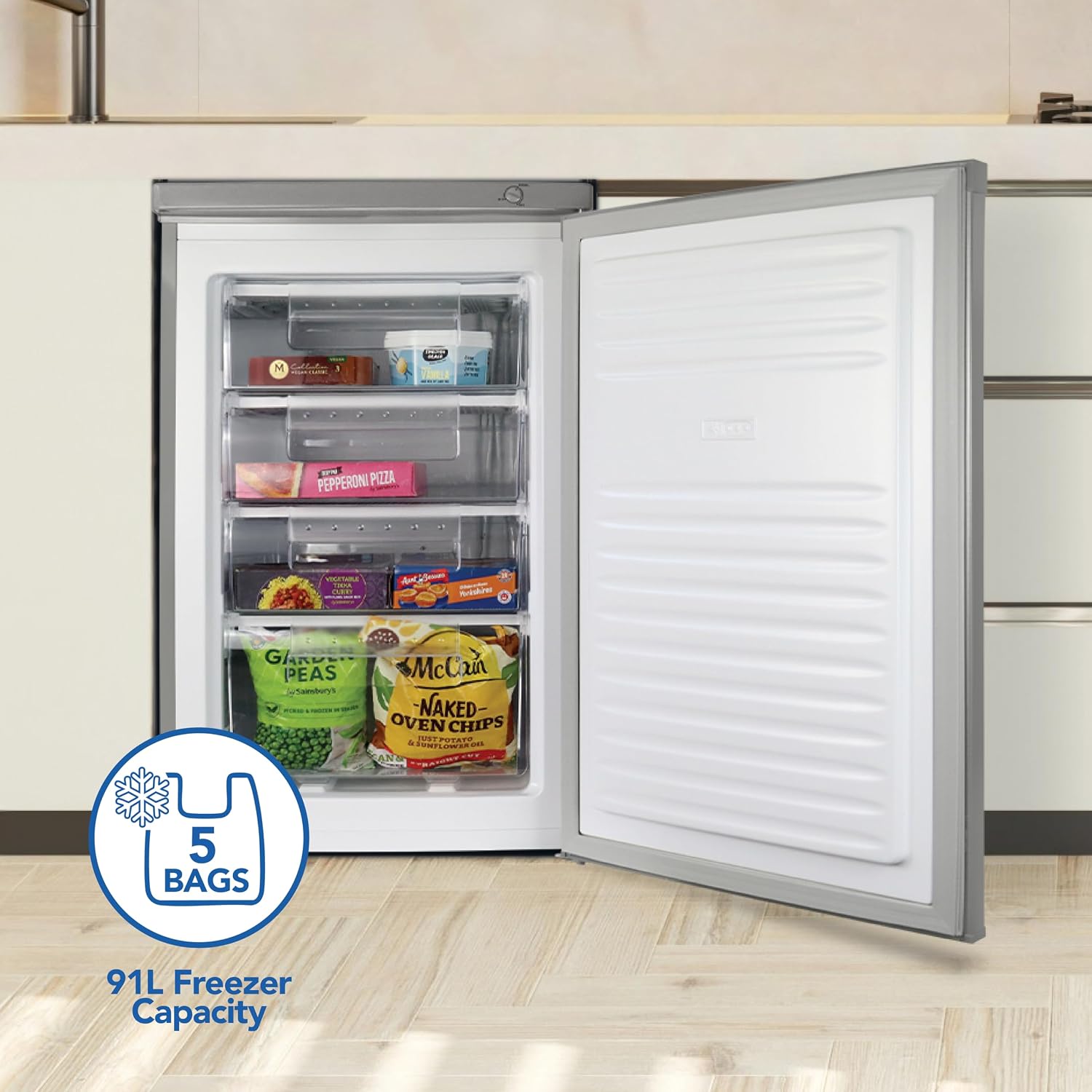 Freestanding Under Counter Freezer 91L Reversible Door Silver