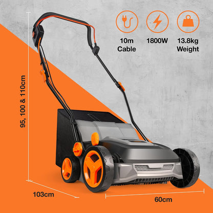 Corded Electric Artificial Grass Sweeper 1800W 45L Bag 370mm 5 Heights Grey Black Orange
