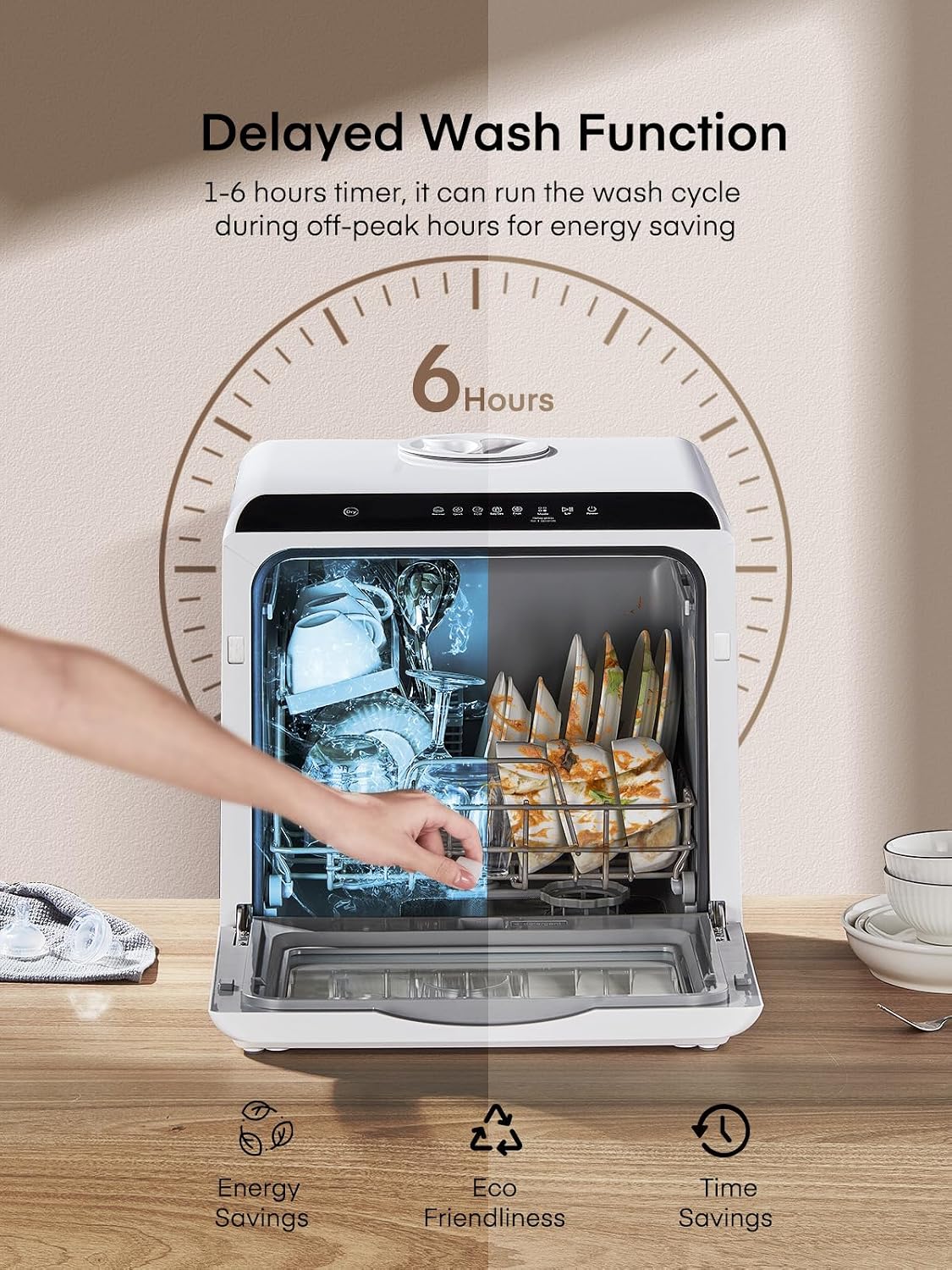 Countertop Dishwasher 5L 6 Programs Delay Start Air Dry White
