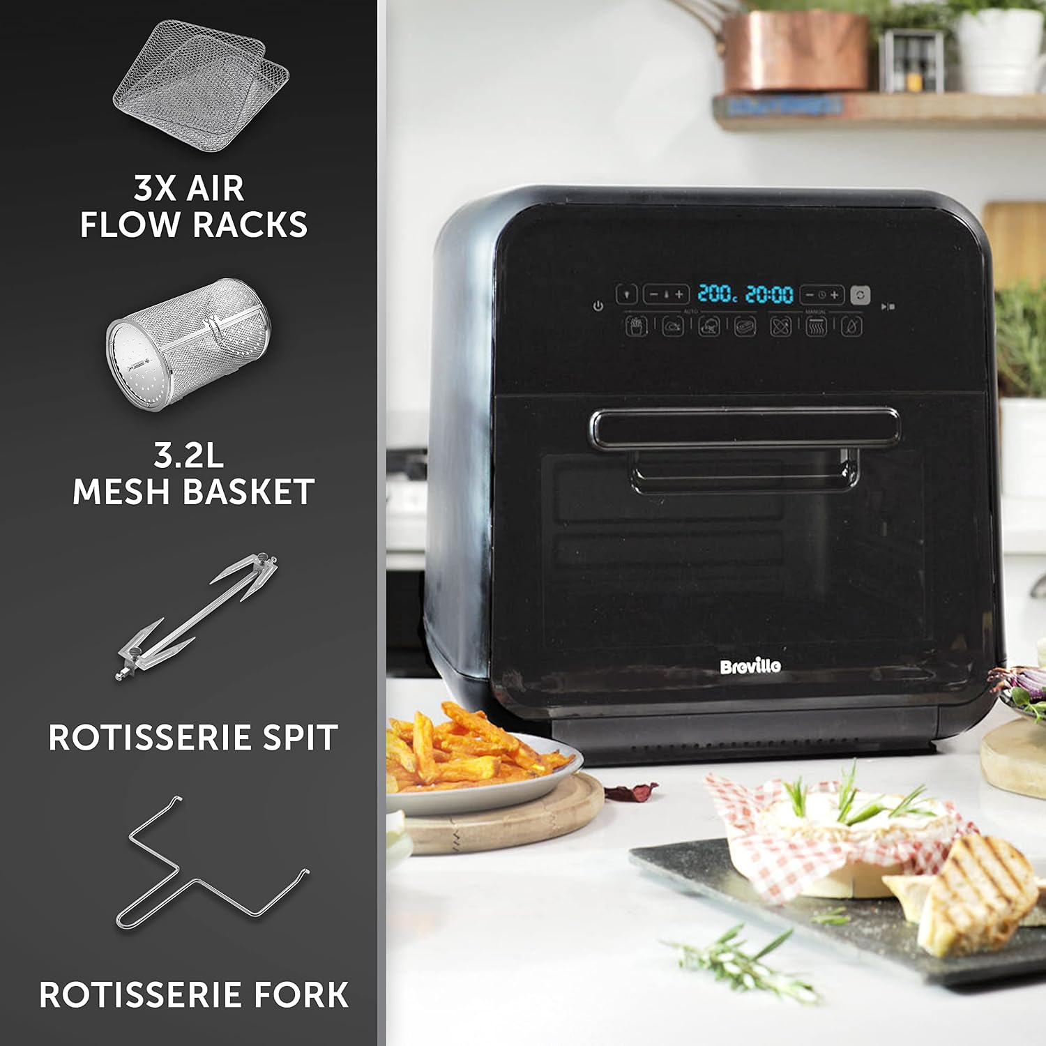 Air Fryer Oven 10L 2000W Digital Touch Fry Bake Dehydrate Black Grey