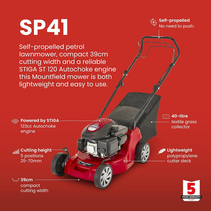 Self-Propelled Petrol Lawnmower 39cm 123cc 40L Grass Collector Red