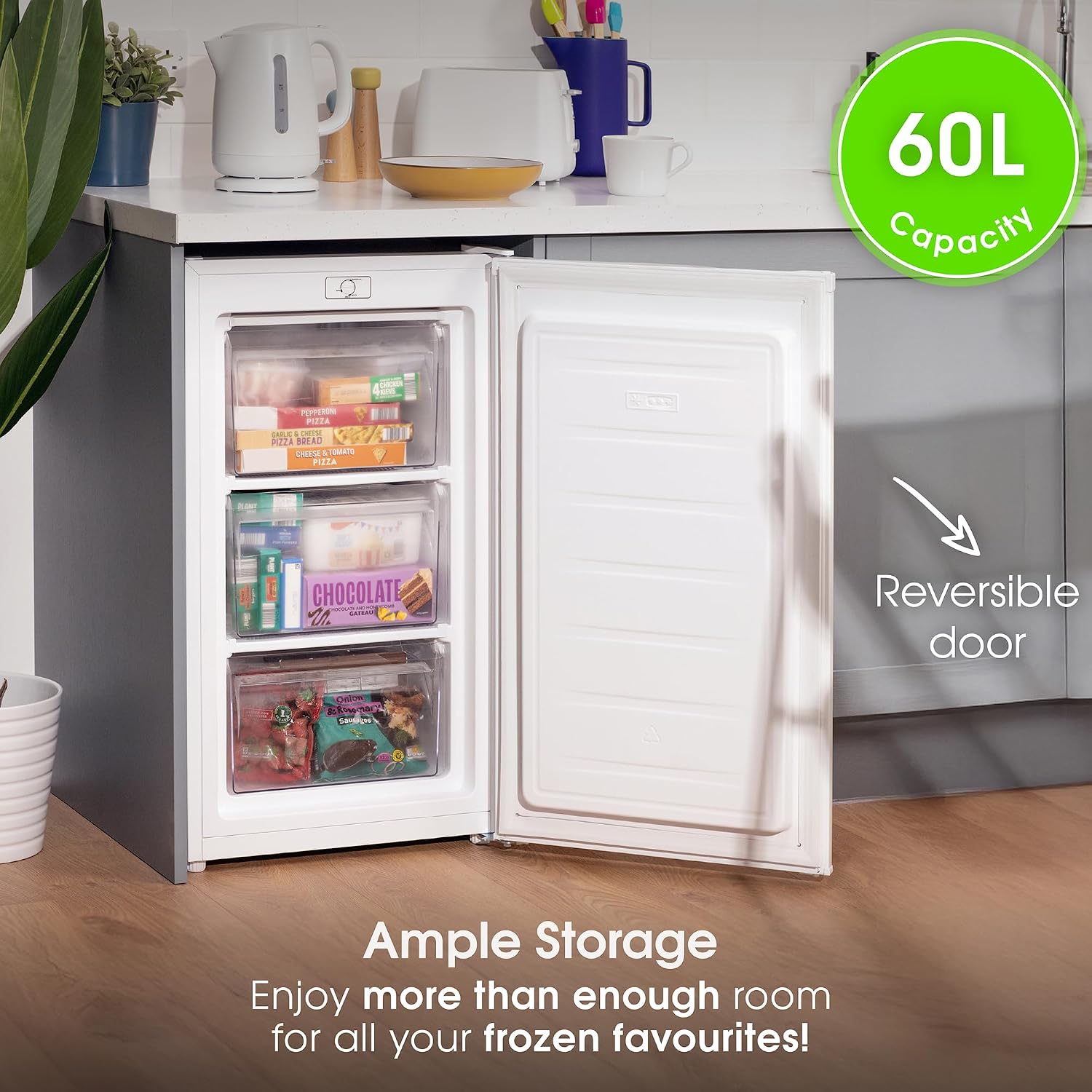 Under Counter Freezer 48cm 60L Freestanding White Reversible Door