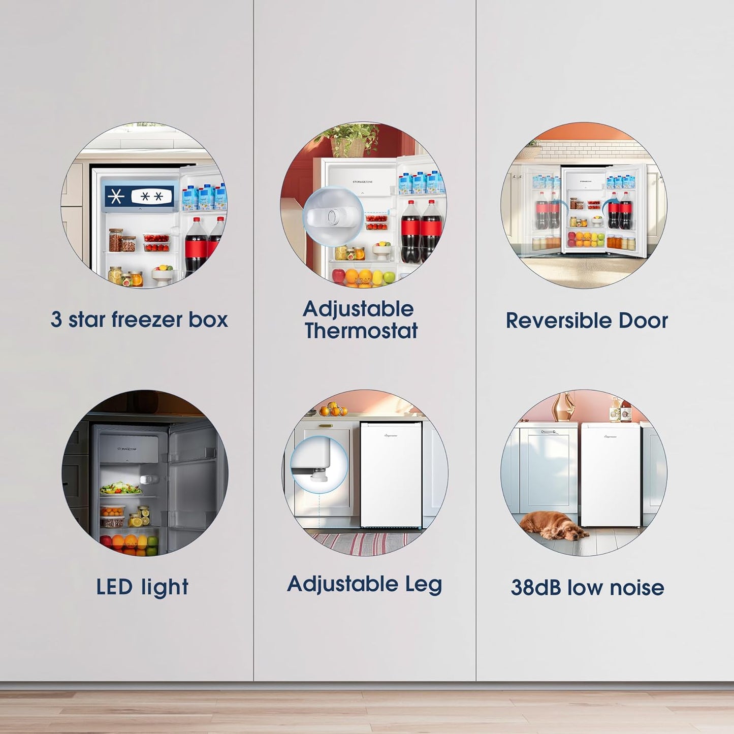Under Counter Fridge 82L Adjustable Thermostat White Reversible Door