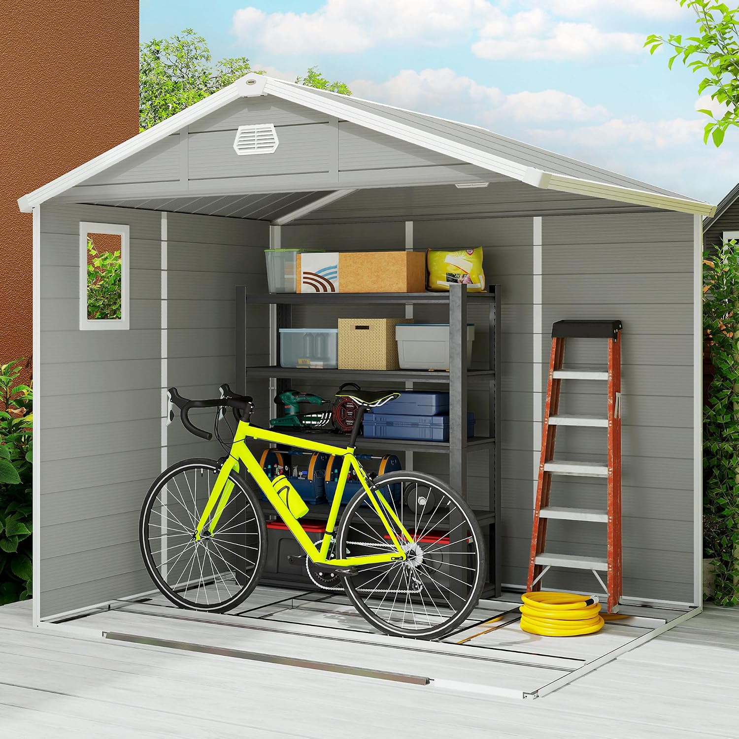Plastic Garden Storage Shed 8 X 6 Ft Light Grey Aluminium Frame Lockable Door