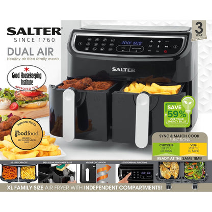 Dual Air Fryer 8.2L 12 Presets Sync & Match Cook Black
