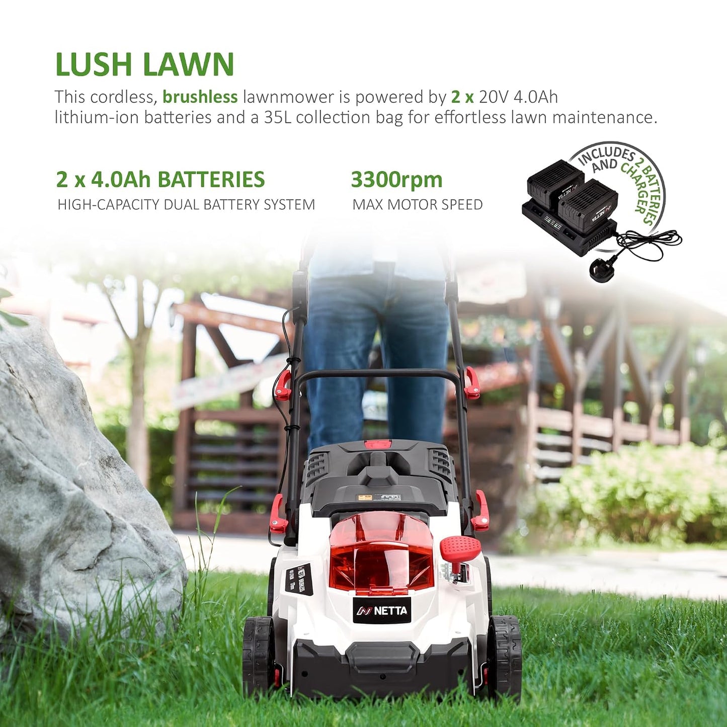 Cordless Lawn Mower 37cm 40V 2x4.0Ah Batteries 6 Heights 35L