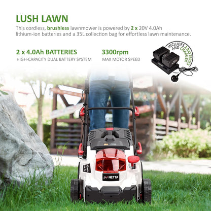 Cordless Lawn Mower 37cm 40V 2x4.0Ah Batteries 6 Heights 35L
