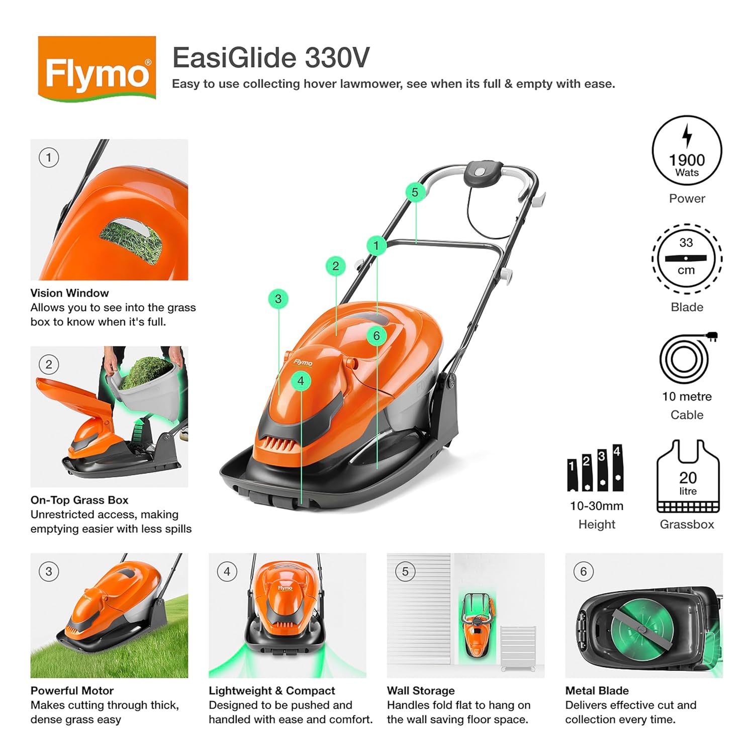 Hover Lawn Mower 33cm 1700W 20L Grass Box 4 Cutting Heights Orange Grey
