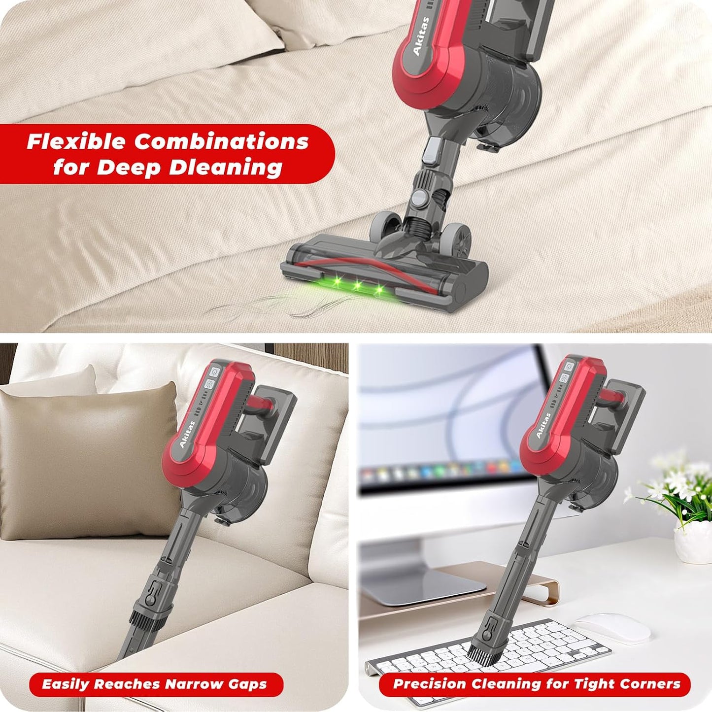 Cordless Stick Vacuum Cleaner 450W 45kPa Suction 60min Runtime Red
