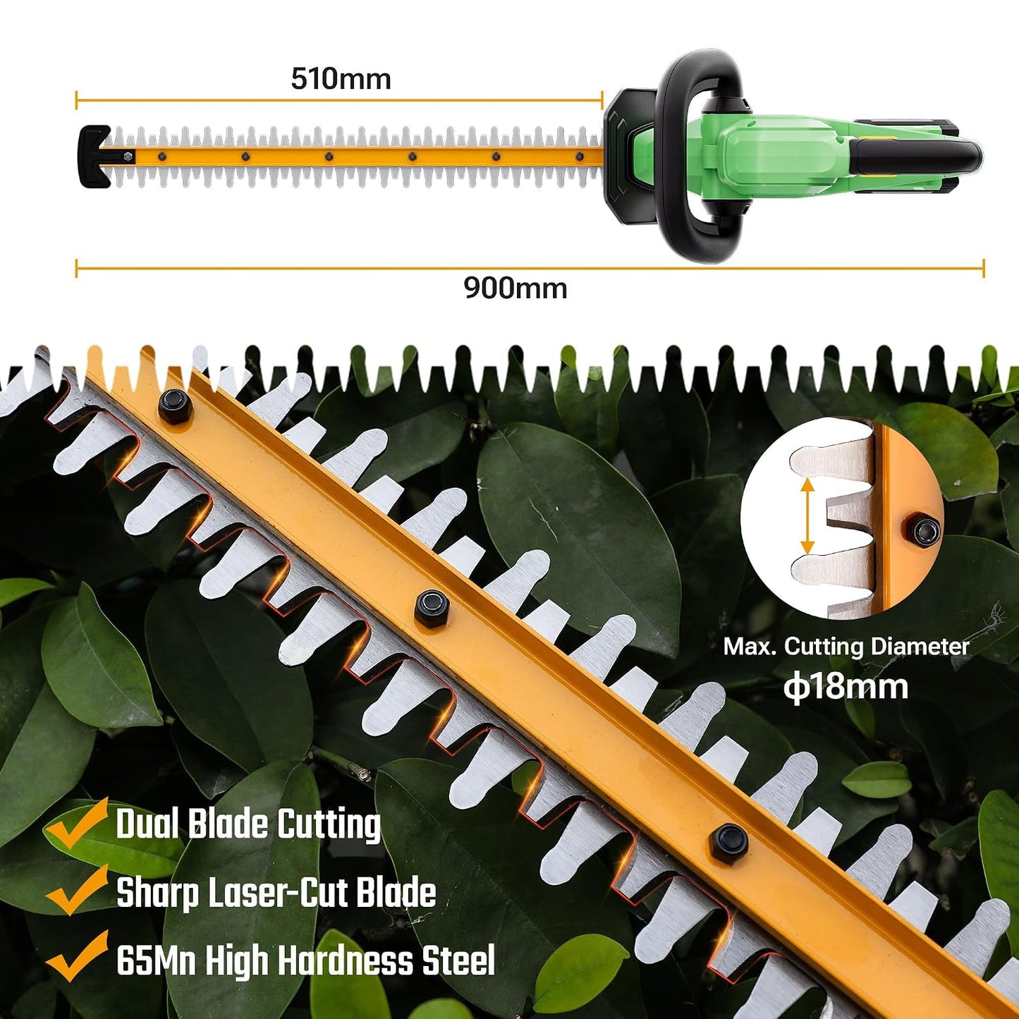 Cordless Hedge Trimmer 510mm 1200RPM 18mm Pruning Capacity Green