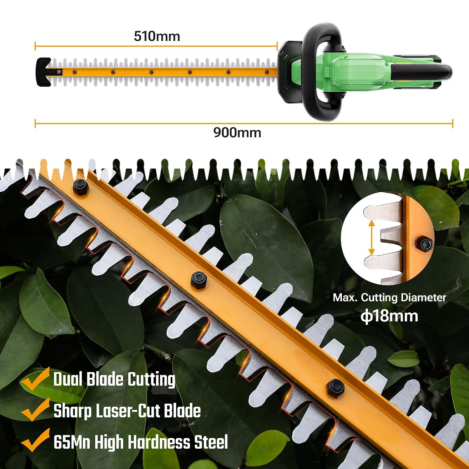 Cordless Hedge Trimmer 510mm 1200RPM 18mm Pruning Capacity Green