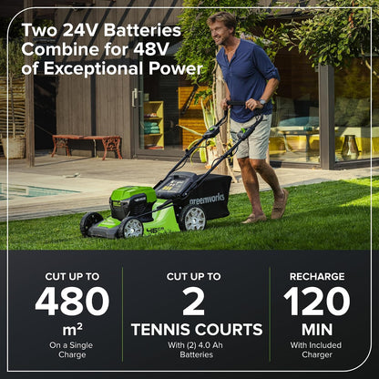 Cordless Lawn Mower 46cm 48V Self-Propelled 55L Bag 2x4Ah Batteries