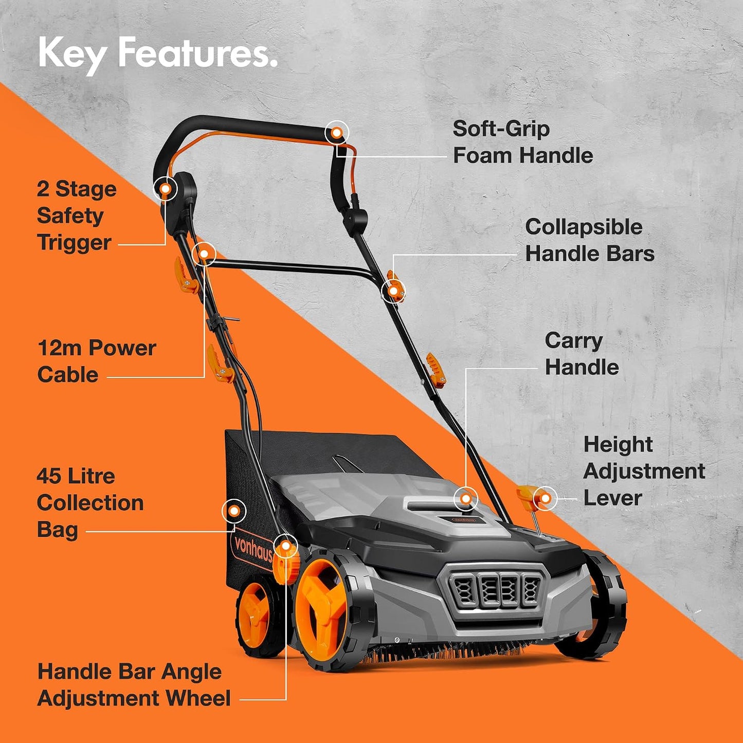 Corded Electric Artificial Grass Sweeper 1800W 45L Bag 380mm 5 Heights Grey Black Orange
