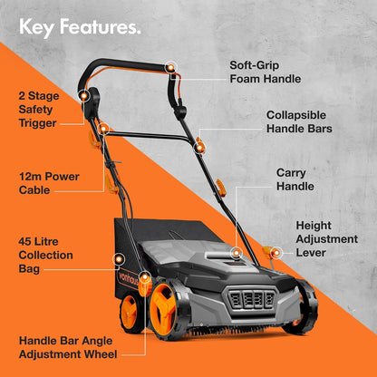 Corded Electric Artificial Grass Sweeper 1800W 45L Bag 380mm 5 Heights Grey Black Orange