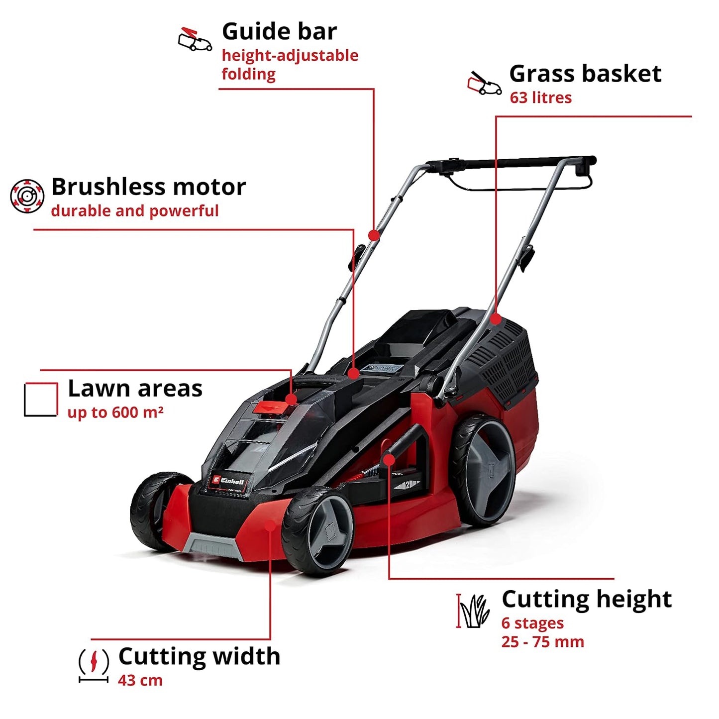 Cordless Lawn Mower 43cm 63L Grass Box 6 Heights Mulching 36V 2 Batteries 2 Chargers