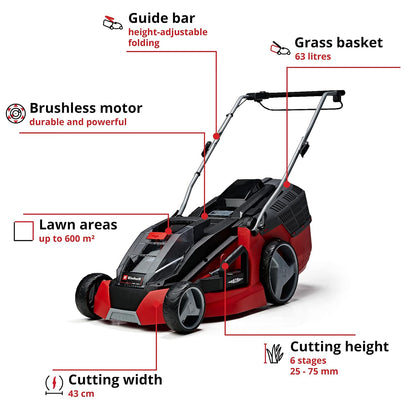 Cordless Lawn Mower 43cm 63L Grass Box 6 Heights Mulching 36V 2 Batteries 2 Chargers