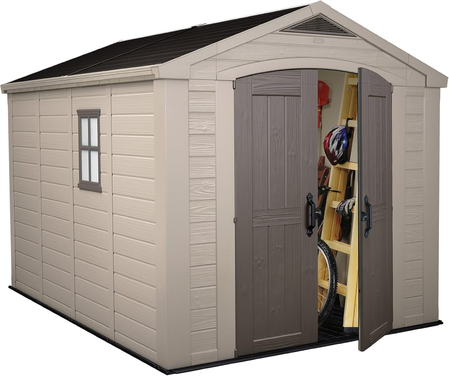 8x11ft Factor Outdoor Garden Storage Shed — Beige Resin, Steel-Reinforced