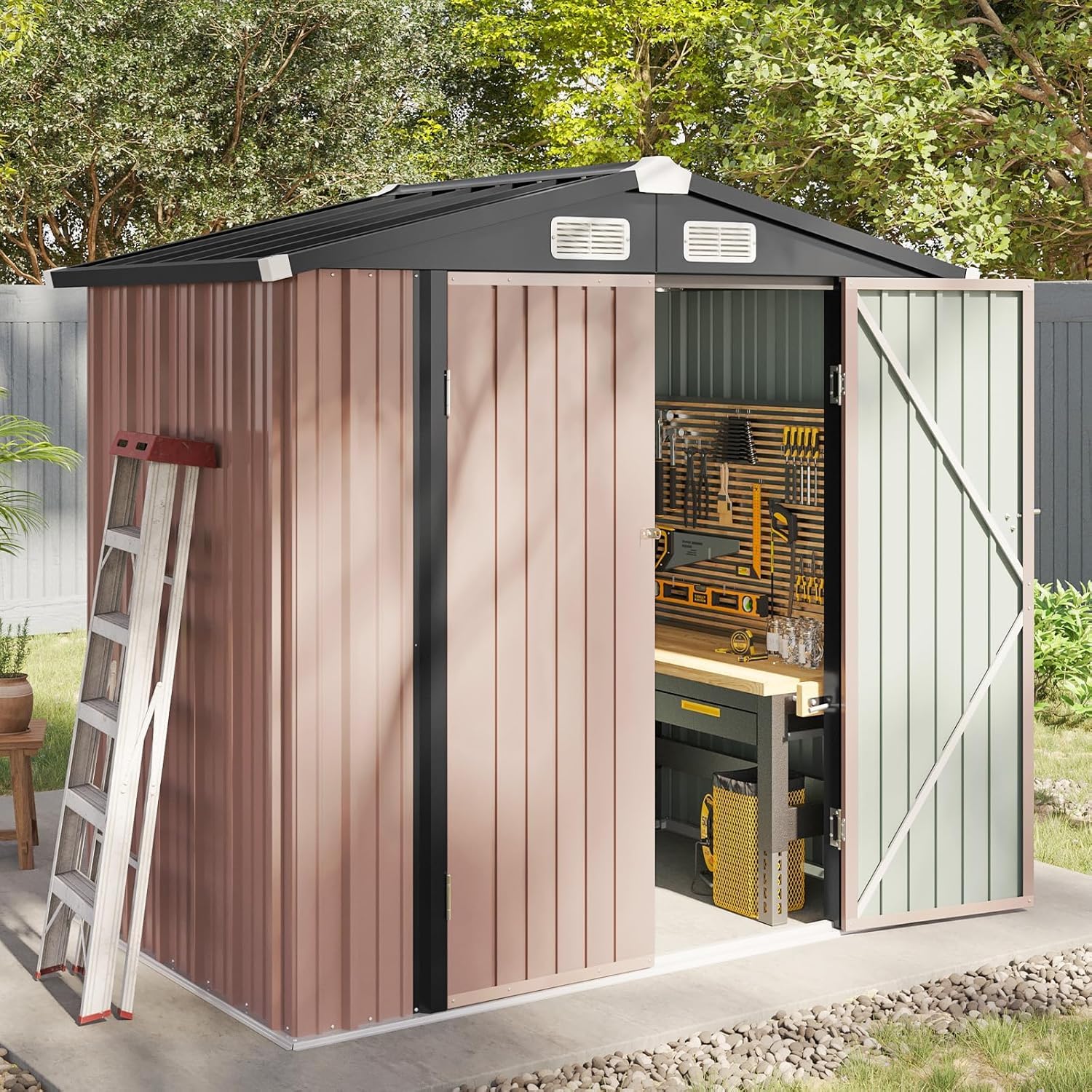 Metal Garden Storage Shed 6 X 4 Ft Brown Alloy Steel Lockable Doors
