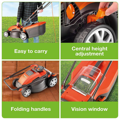 Corded Electric Hover Lawn Mower 1500W 36cm 40L 5 Heights Orange Grey