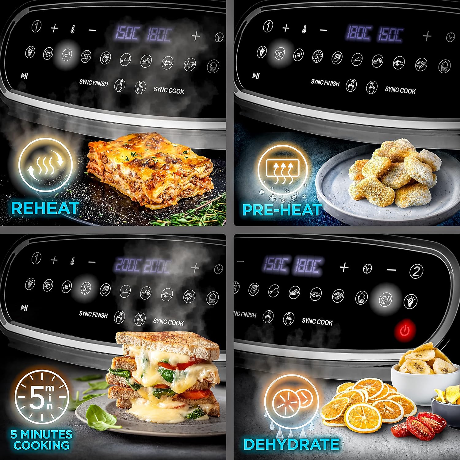 Digital Dual Zone Air Fryer 10L 2400W 10 Presets Black/Silver