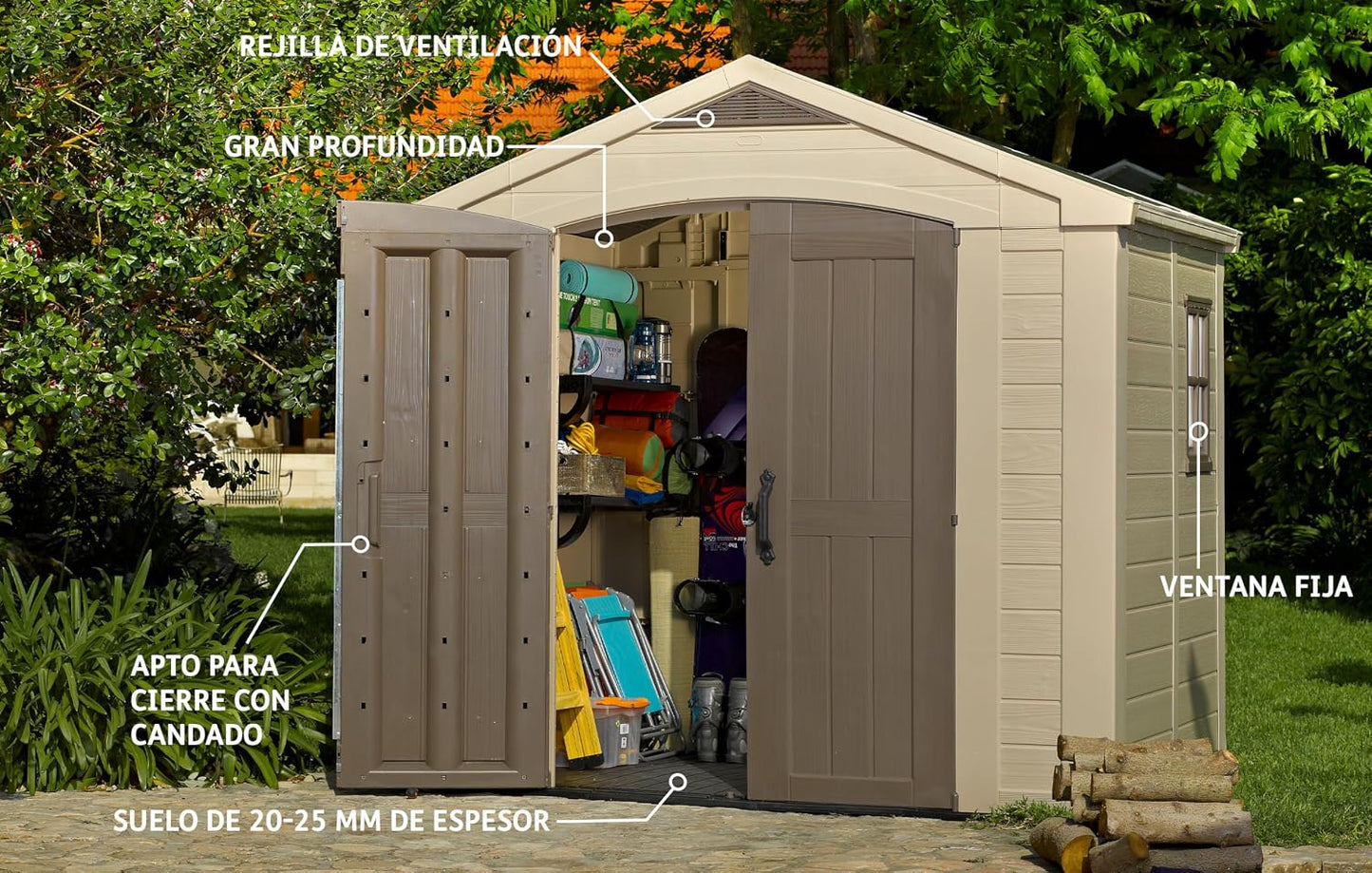 Plastic Garden Storage Shed 8 X 8 Ft Beige Double Doors Lockable