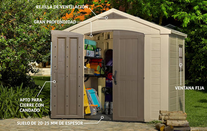 Plastic Garden Storage Shed 8 X 8 Ft Beige Double Doors Lockable