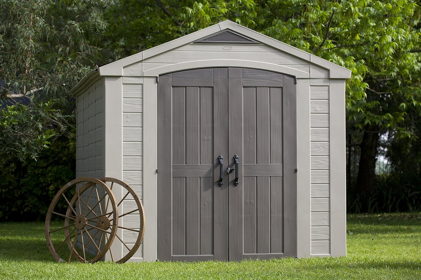 8x11ft Factor Outdoor Garden Storage Shed — Beige Resin, Steel-Reinforced