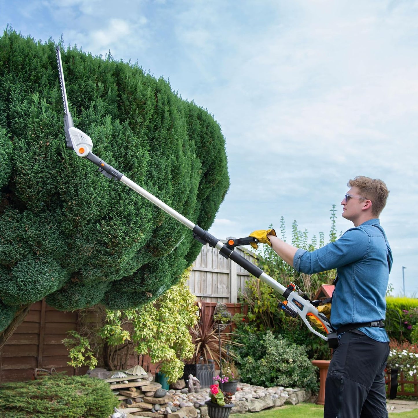 Cordless Pole Hedge Trimmer 193-244Cm 20V 2 Batteries Harness Grey