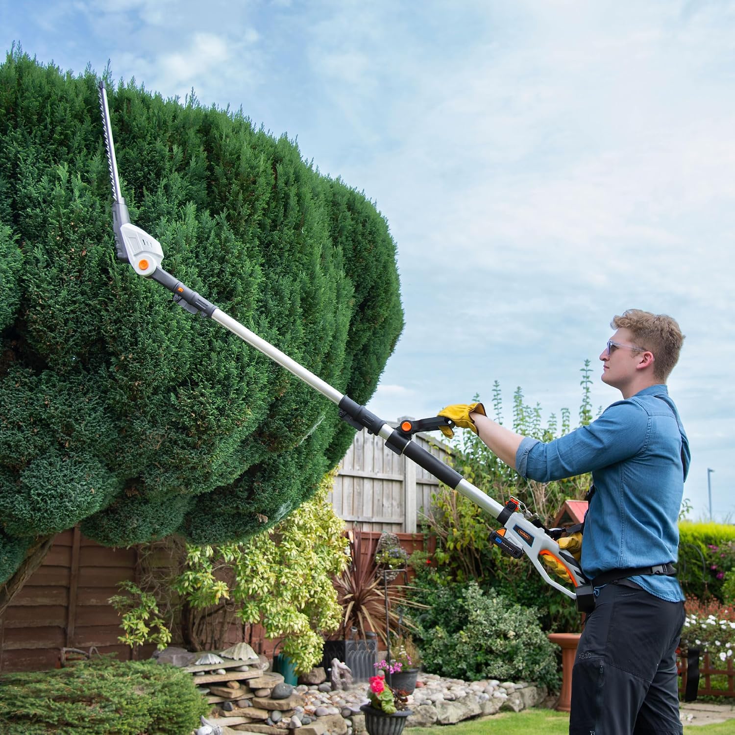 Cordless Pole Hedge Trimmer 193-244Cm 20V 2 Batteries Harness Grey