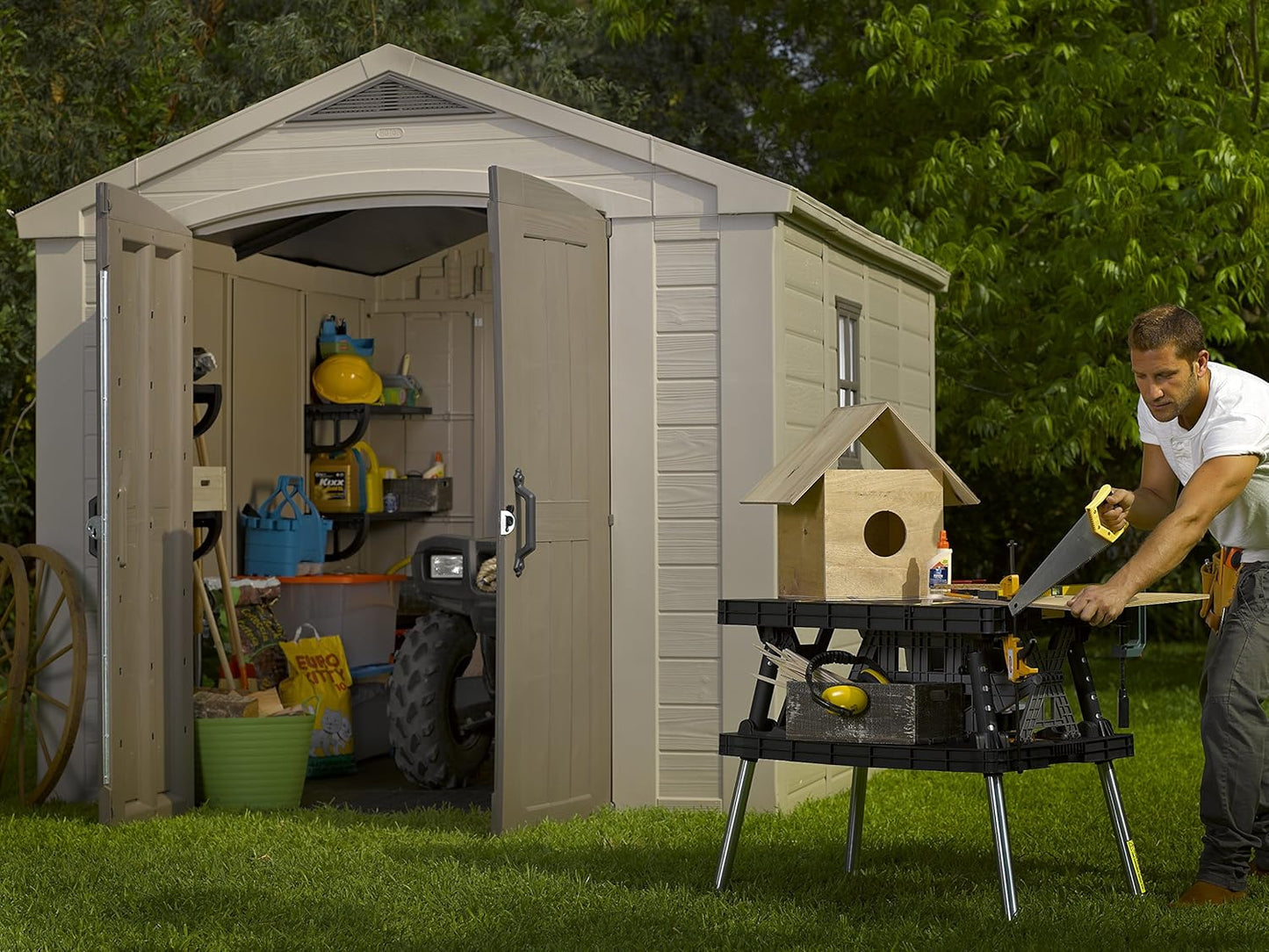 8x11ft Factor Outdoor Garden Storage Shed — Beige Resin, Steel-Reinforced