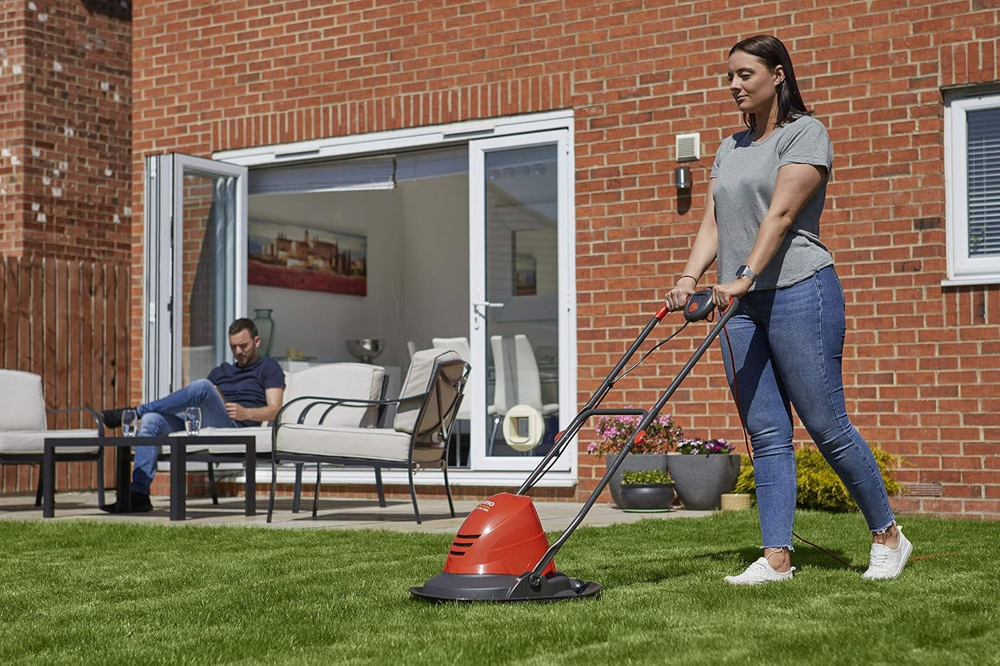 Electric Hover Lawn Mower 1400W 25cm 3 Heights 10m Cable Orange Grey
